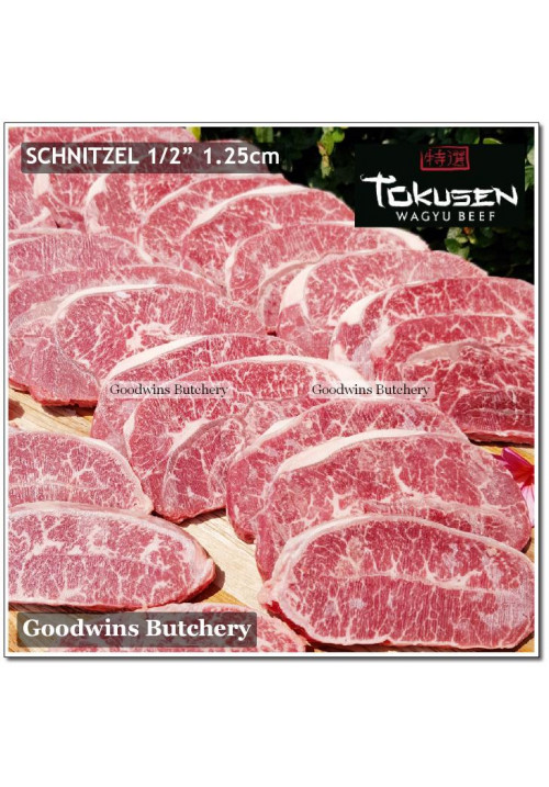 Beef blade OYSTER BLADE WAGYU TOKUSEN marbling <=5 (sampil) aged frozen portioned schnitzel cuts 3/8" 1cm (price/pack 1kg 7-8pcs)